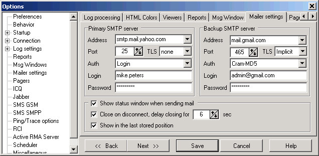 network monitoring: options dialog