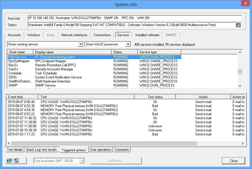 System info <li>Services